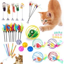 interactive cartoon cat toy rod with feather, bell, and mouse - pet teaser in random colors