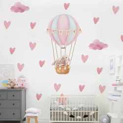 pink bunny hot air balloon wall stickers: kids room & nursery decals