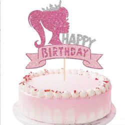 barbie pink girl princess birthday party supplies: cake topper, table decorations, rose diamond theme paper cups, plates