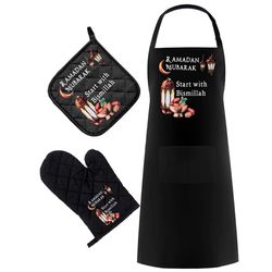 ramadan mubarak: islamic kitchen apron & pot holder set for eid al-fitr - kareem suhoor & iftar home decoration gift