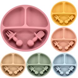 baby safe silicone dining set: 4pcs cute cartoon dishes, smile face kids tableware