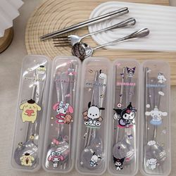 sanrio mymelody kuromi cutlery set: kawaii anime flatware for kids - portable dinnerware with box