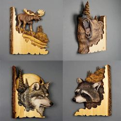 handcrafted animal wall sculpture: wood raccoon, bear, deer decor