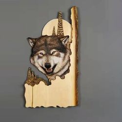 wood animal carving wall hanging sculpture: raccoon, bear, deer handcraft - hand painted home decor for living room