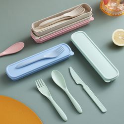 eco-friendly 3pcs wheat straw dinnerware set: knife, fork, spoon - portable travel cutlery with utensil box & chopsticks