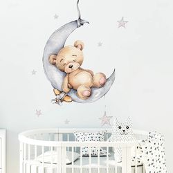 adorable cartoon teddy bear sleeping on moon & stars wall stickers: perfect baby room decor