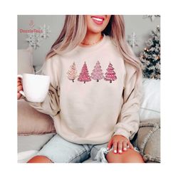 aesthetic pink christmas tree women sweatshirt, cute pinky pine tree crewneck, pink christmas spirit hoodie, cozy christ