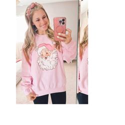 vintage pink christmas santa sweatshirt, vintage santa holiday shirt, pajamas, retro pink santa hat sweatshirt