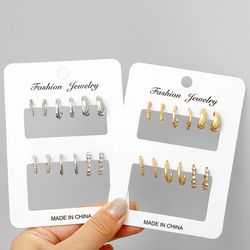 Stylish Metal Stud Earring Set: Geometric Rhinestone Circle Jewelry for Women