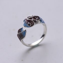 lucky koi fish open ring: vintage silver copper women's fashion party jewelry gift