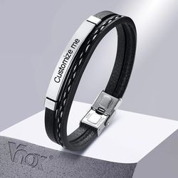 vnox multi-layer leather bracelets: customizable engraved stainless steel bangle for men & women