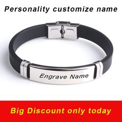 custom name bracelet: stainless steel & silicone men's jewelry with fashion engraved logo for unique personality