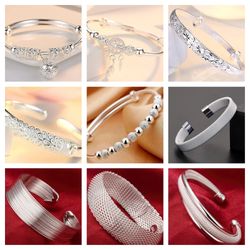 wholesale 925 sterling silver heart open bangles for women - fine adjustable cuff bracelet charms, ideal wedding gift &