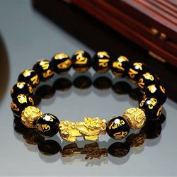 feng shui lucky pixiu beads bracelet: gold wristband for men & women, wealth & good luck changing