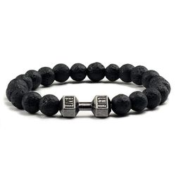 men's matte black lava stone bracelet with white beads - natural volcanic dumbbell & barbell fitness charm strand for wo