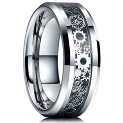 steampunk vintage silver gear wheel stainless steel men's ring with celtic dragon inlay - wedding band