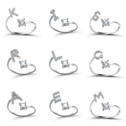 stylish a-z alphabet initial rings: silver rhinestone party jewelry gift