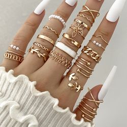 boho geometric knuckle rings set: artificial pearl gold silver finger rings for women - party jewelry accessories