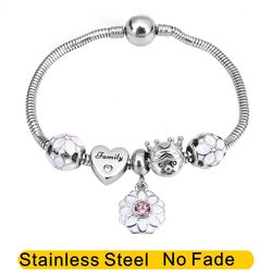 stainless steel pandora bracelet with snake chain & flower family charm beads - diy acero inoxidable ladies fashion jewe