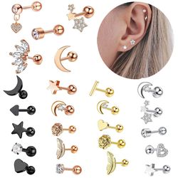5pcs heart & star tragus stud earring set: small lobe, cartilage & helix cz barbell piercing jewelry