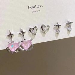 6-Piece Women's Silver Y2K Earring Set: Pink Crystal Heart, Korean Punk Bow & Star Aesthetic Jewelry