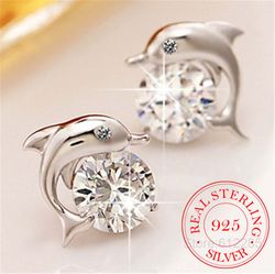 High-Quality 925 Sterling Silver Dolphin Love Stud Earrings with AAA Zircon for Women - Romantic Brinco Bijoux