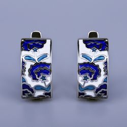 handmade flower-shaped blue enamel 925 silver earrings for women - fashion party jewelry