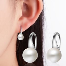 classic round sterling silver earrings with big clear freshwater pearls - elegant 925 silver needle jewelry for women