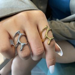 vintage silver adjustable rings: elegant irregular hollow branch design for women's fine party jewelry trend
