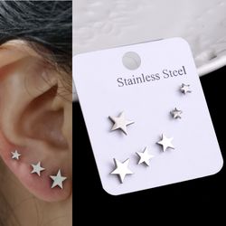 small stainless steel butterfly, star, moon & heart stud earrings set - women's punk piercing minimalist jewelry
