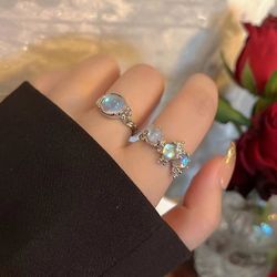 3-piece y2k moonstone open rings set for women & girls | trendy kpop jewelry wholesale gifts