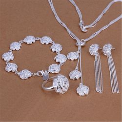 rose flower 925 sterling silver jewelry set: rings, bracelets, necklaces & earrings for women - fashionable party gifts