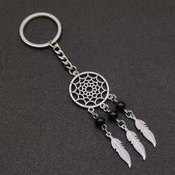 dream chaser keychain tassel feather pendant keyring beads royal blue black beads charm retro car key chain dream