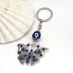 lucky eye alloy butterfly pendant keychain blue turkish evil eye bead key chain bag car keyring llavero porte cle