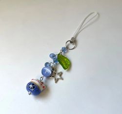 handmade blue lucky cat phone charm | cat charm | phone accessories | leaf charm | blue lucky cat keychain