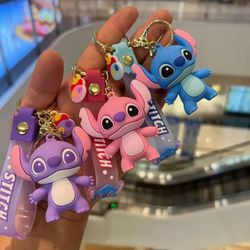 cartoon anime lilo and stitch silicone pendant keychain for women men fans lovely pink blue purple stitch angel keyring