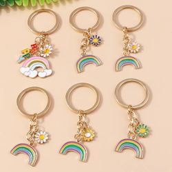 aihua cute enamel daisy happy cloud rainbow keychain for women men car key handbag pendants birthday jewelry gifts