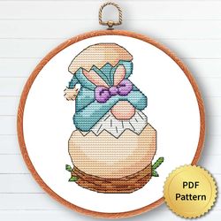 easter gnome cross stitch pattern, easy cute gnome easter ornaments embroidery, counted chart