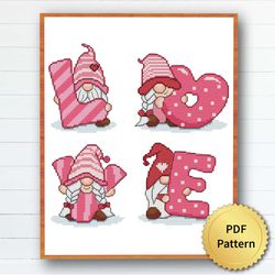 love gnome cross stitch pattern, easy cute gnome valentine's day ornaments embroidery, counted chart, modern