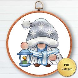 blue christmas gnome cross stitch pattern, easy cute gnome ornaments embroidery, counted cross stitch chart. 6 of 9