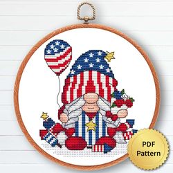 usa patriot gnome cross stitch pattern, easy cute 4th july, america independence, embroidery, counted chart, 2 of 6