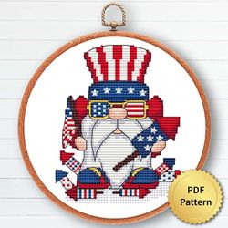 usa patriot gnome cross stitch pattern, easy cute 4th july, america independence, embroidery, counted chart, 6 of 6