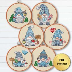 blue christmas gnome cross stitch pattern, easy cute gnome ornaments embroidery, counted cross stitch chart. set of 6