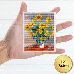 bouquet of sunflowers by claude monet cross stitch pattern. miniature art, easy tiny