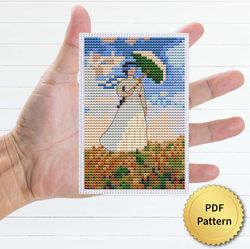 woman with a parasol by claude monet cross stitch pattern. miniature art, easy tiny