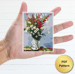 bouquet of gladiolas lilies and daisies by claude monet cross stitch pattern. miniature art, easy tiny