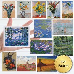 claude monet cross stitch pattern set. miniature art, easy tiny