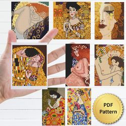 set of 8 gustav klimt cross stitch pattern. miniature art, easy tiny