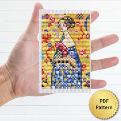 lady with fan by gustav klimt cross stitch pattern. miniature art, easy tiny