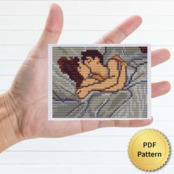 the kiss, in bed by henri de toulouse-lautrec cross stitch pattern. miniature art, easy tiny